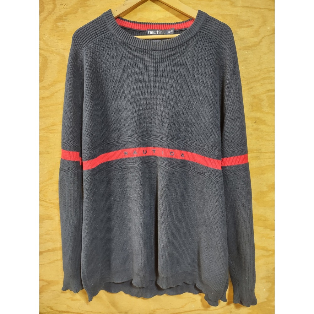Nautica Mens XL Navy Blue Cotton Knit Crewneck Sweater Red Stripe Pullover